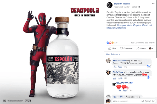 The early buzz from the Deadpool takeover had people talking about and sharing the Espolòn brand.