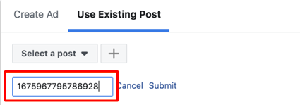 Pasting the ad id into a Facebook ad.