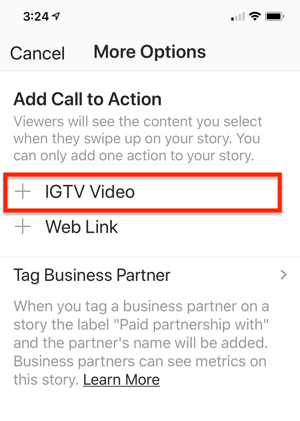 Option to select an IGTV Video Link to add to your Instagram story.