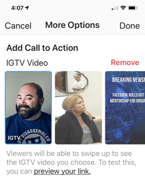 Finalization of adding an IGTV video link to your Instagram story.