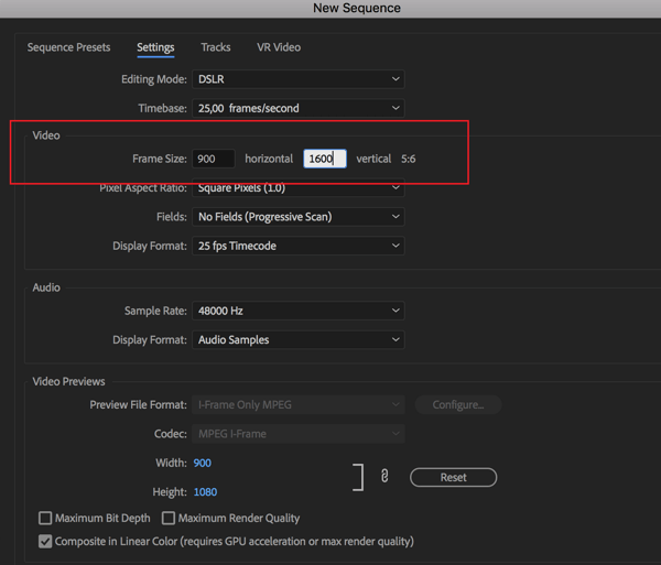 Option to set the frame rate for your sequence in Adobe Premier Pro.