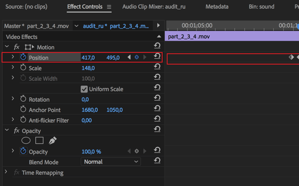 Setting to adjust the center position for each frame in your sequence in Adobe Premier Pro.