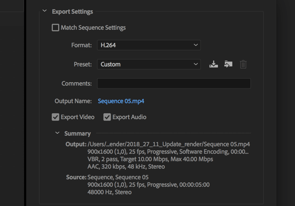 Setting to export your Adobe Premier Pro video with the Format set to H.264.