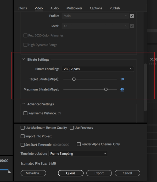 Setting to change the bitrate on your Adobe Premier Pro video export.