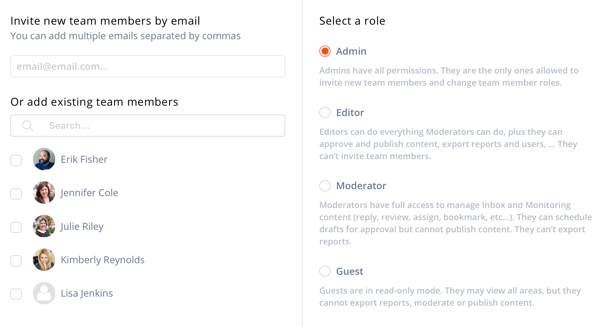 Details screen to invite and select a role for your Agorapulse team Member.