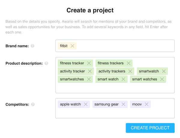 Example of an Awario Leads project for fitbit including product description and competitor keywords.