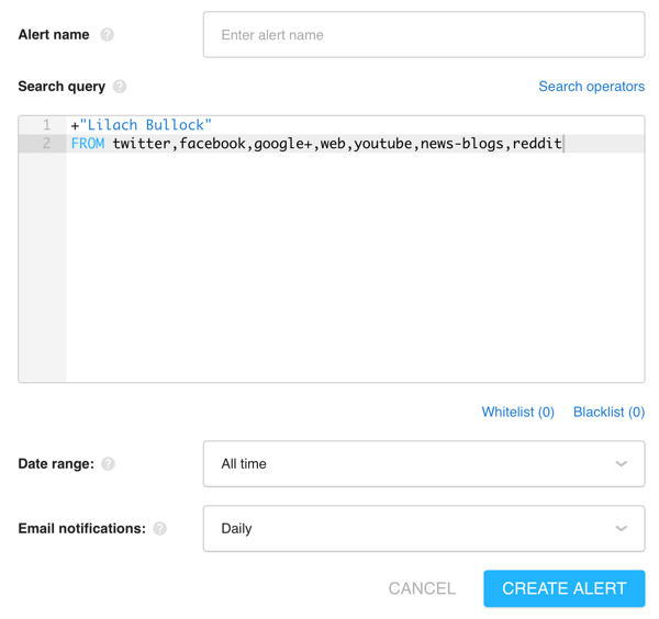 Example of an Awario search query identifying sources, key words, date range, and email notification settings.