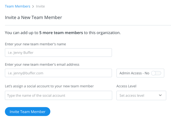 Details screen to invite and set access levels for your Buffer team Member.