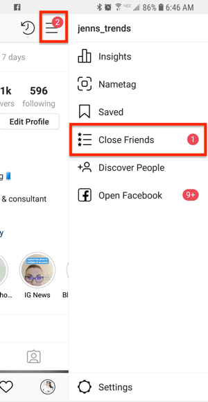 Option for Close Friends from an Instagram profile.