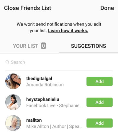 Option to click Add to add a friend to your Close Friends list on Instagram.