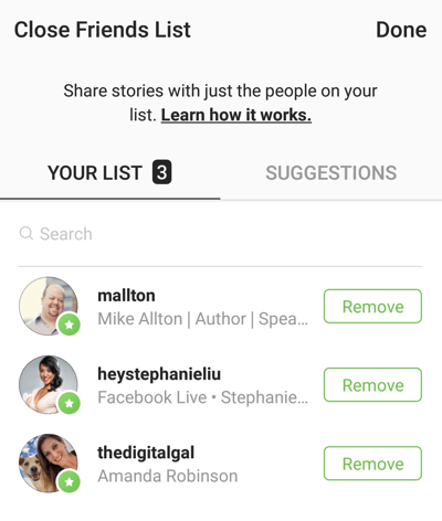Option to click Remove to remove a friend to your Close Friends list on Instagram.