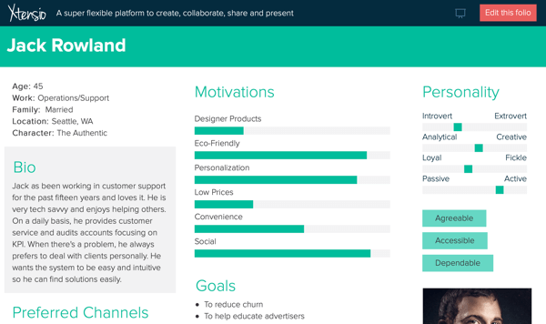 Example of Jack Rowland's influencer profile on Xtensio.