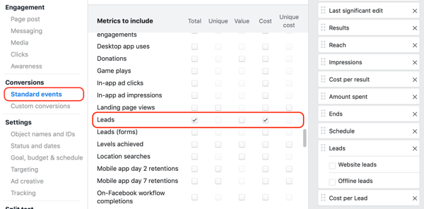 Example of a Facebook Ads Manager custom report for Lead Event Actions and custom conversions.