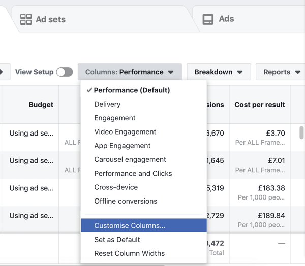 Select Customize Columns from the Columns: Performance drop-down menu in Ads Manager.