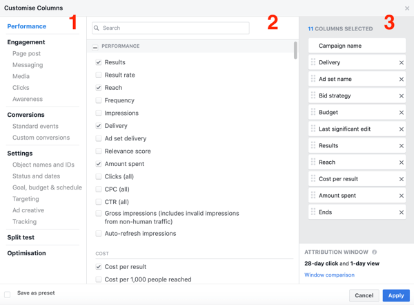 Example of Facebook Ads Manager reporting creation window.