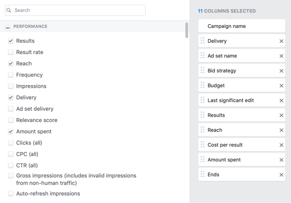 Example of desired core metrics for the reporting column of the reporting creation window in Facebook Ads Manager.