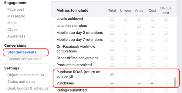 Example of desired core metrics for the standard event actions of the reporting creation window in Facebook Ads Manager.