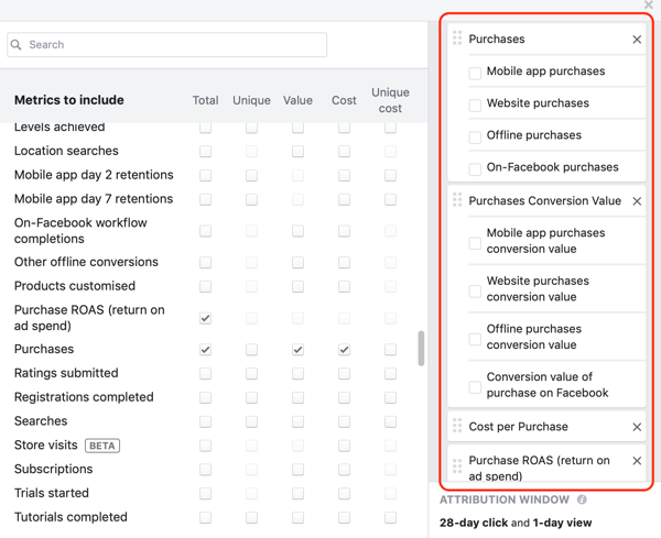 Example of desired metrics for the third column of the reporting creation window in Facebook Ads Manager.