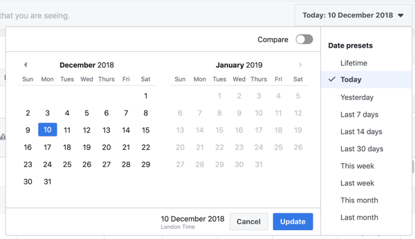 Option to set the date range for your Purchase and ROAS Facebook Ads Manager report.