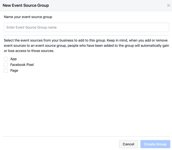 Name and event sources settings for creating a new event source group.