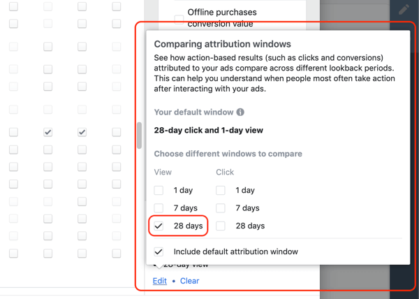 Option to compare attribution windows, set to 28 days.