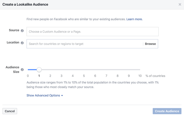 Option to create a 1% Lookalike audience for your Facebook ads.