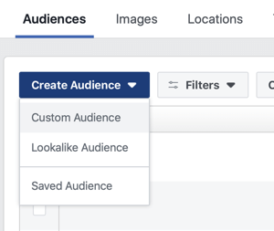 Option to create a Custom Audience, a Lookalike Audience, or Saved Audience in Facebook.
