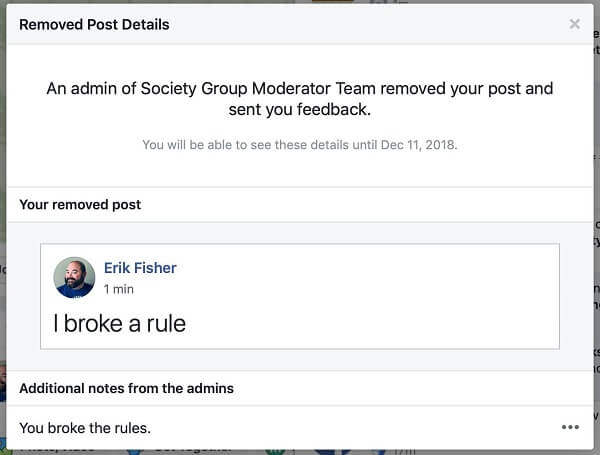 It appears that Facebook Groups is giving admins an option to share the reason why a post was removed to the person who posted it.