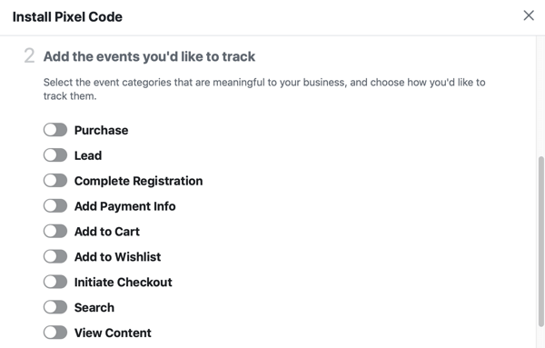 Options of events you'd like to track with your Facebook Pixel.