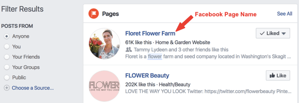 Example of the Facebook page named Floret Flower Farm in search results.