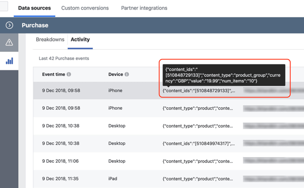 Example of the details under a Facebook purchase event action including value, number of items, content ID, and currency.