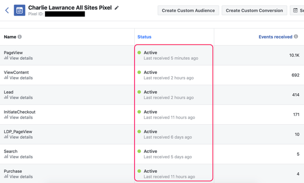 See which Facebook pixel events are firing in the graph view of the pixel dashboard in Facebook Ads Manager.