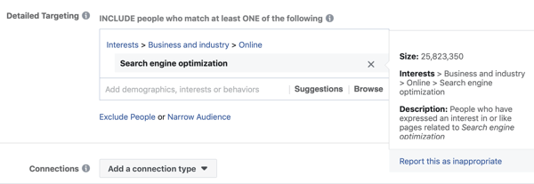 Example of standard facebook targeting for the interest Search Engine Optimization resulting in an audience that is too large, at 25 million.