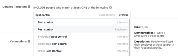 Example of standard facebook targeting for the interest Pest Control resulting in an audience that is too small, at 2,500.