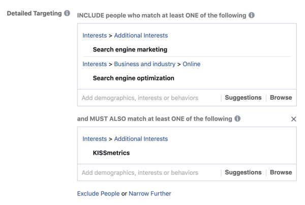 Example of layering your results into your Facebook ads audience interests using the MUST ALSO match field.