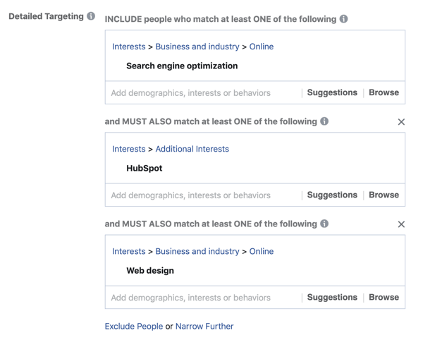 Example of adding a third layer of your results into your Facebook ads audience interests using a second MUST ALSO match field.