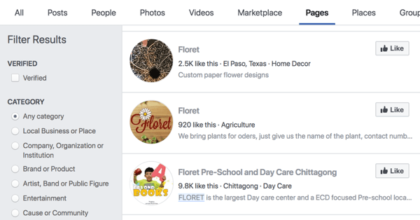 Facebook pages search results for Floret.