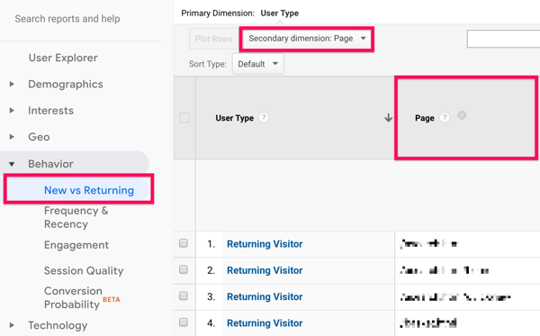 Option to access the New vs Returning report from the Behavior menu under Audience, in Google Analytics.