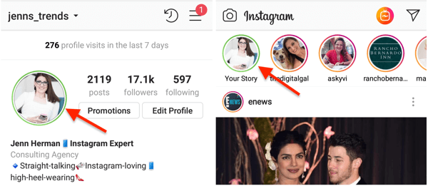 Green circle indicator for your Instagram profile picture when you've shared a story to your Close Friends list.