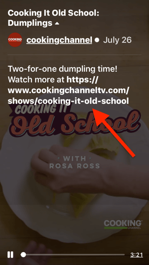 Example of a clickable video link in the description of Cooking It Old School's IGTV episode 'Dumplings'.