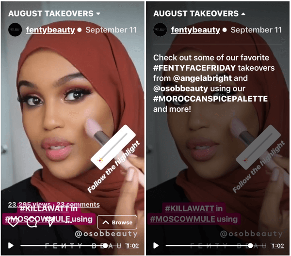 Example of a Fenty Beauty IGTV episode, showing an account takeover, demonstrating product use by a loyal fan.