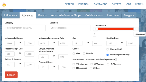 Example of Influence.co's Advanced influencer search screen.