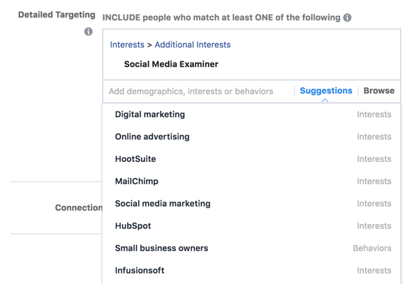 Interests that are available for targeting also have list of Suggestions for related interests.