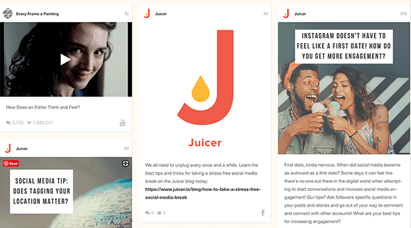 This is a screenshot of an example aggregated social media feed from Juicer. Each post from a different social media platform appears in a box, and boxes from all the feeds are tiled together.