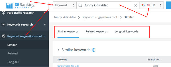 Options to set keyword and target region for the Keyword Suggestions Tool by SE Ranking.