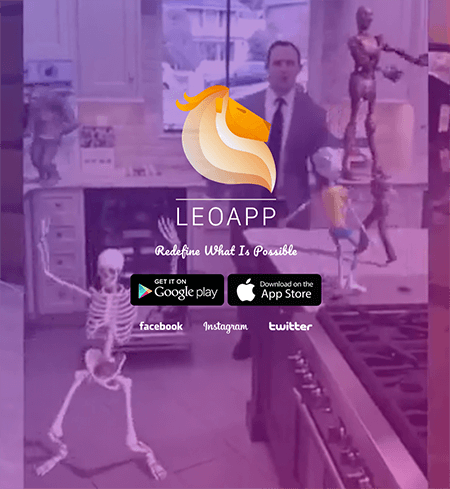 This is a screenshot of the Leo AR app home page. The background has a purple tint and shows a man dancing in his kitchen with an animated skeleton, an animated child in a yellow t-shirt and shorts, and an animated android. In the center is the app name and buttons for finding the app on in Google Play and the App Store.