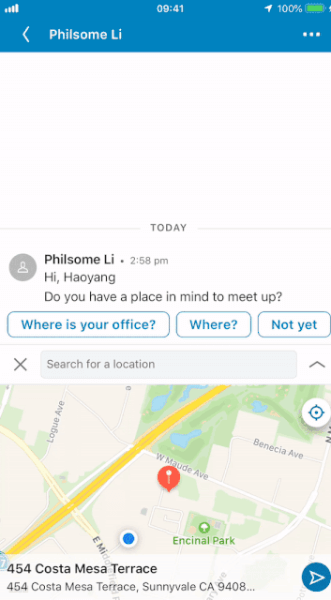 LinkedIn announced a new addition to its messaging functionality which enables users to share their location, or a location nearby, to meet up.