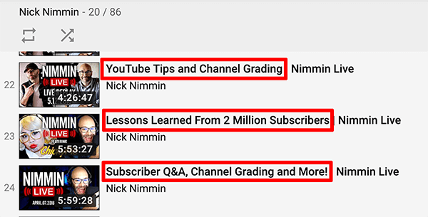 This is a screenshot of YouTube live video titles from the Nick Nimmin channel.