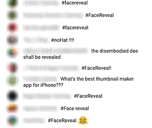 This is a screenshot of the chat feed during Nimmin Live after Nick Nimmin asks viewers to comment with a hashtag in response to something he was talking about on the show. In this case, several viewers comment with the hashtag #facereveal.