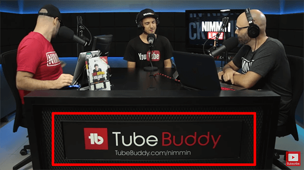 This is a screenshot from a livestream of Nimmin Live with Nick Nimmin. The desk in the livestreaming studio shows that TubeBuddy sponsors the show.